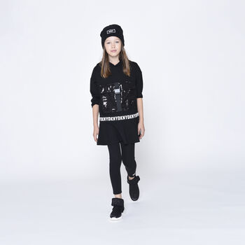 Girls Black Logo Sequin Hooded Dress