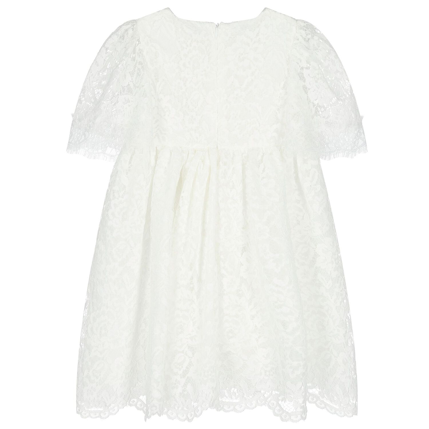 Girls White Chiffon Bow Lace Dress, 1, hi-res