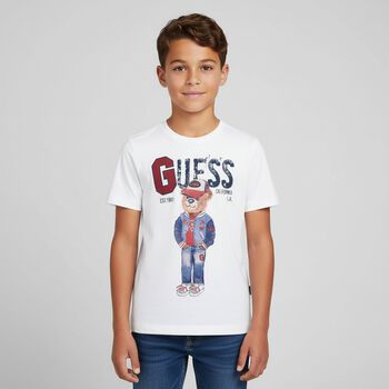 Boys White Teddy Bear Logo T-Shirt, 2 Boys White Teddy Bear Logo T-Shirt