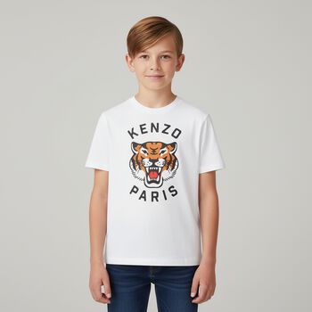 Boys White Logo Tiger T-Shirt
