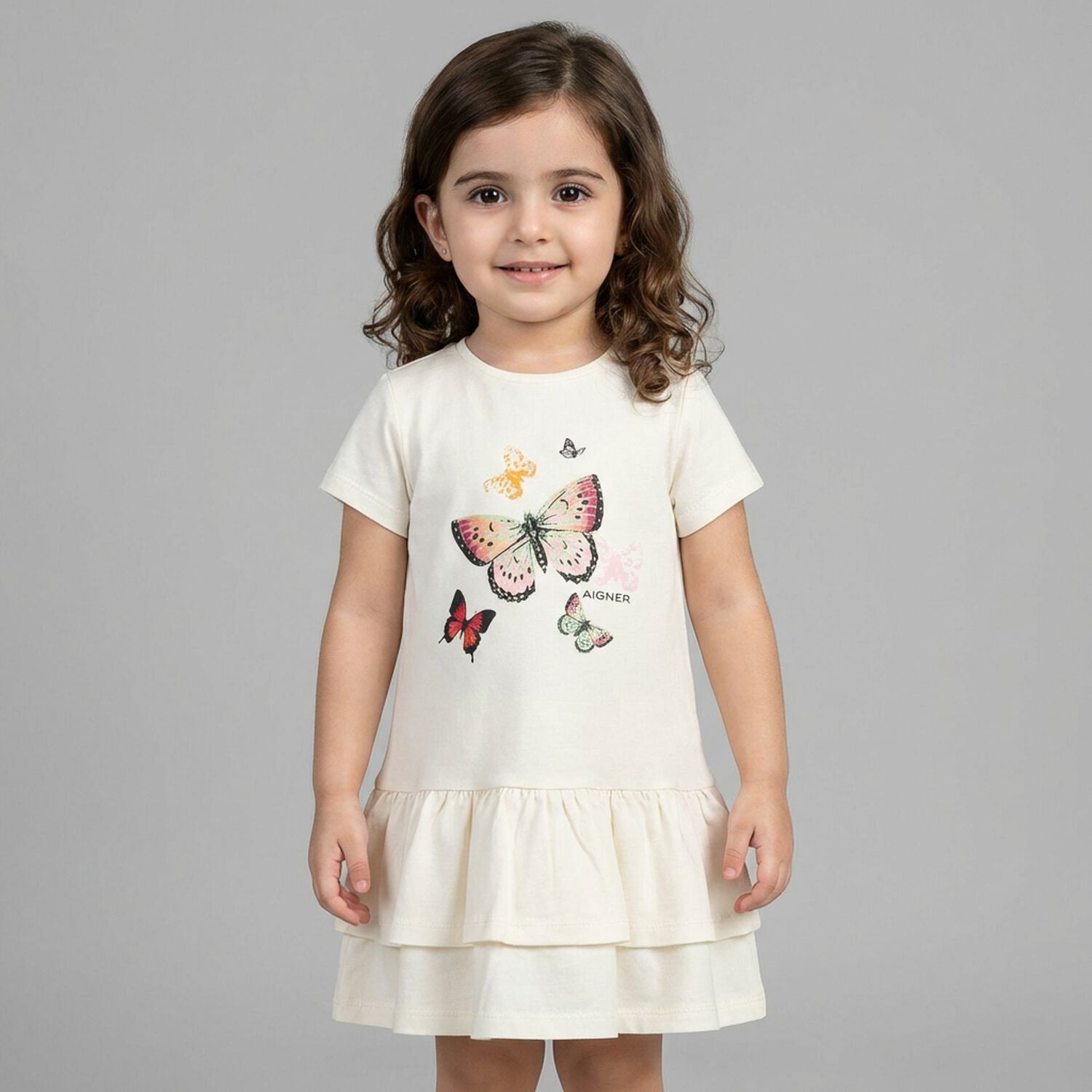 Younger Girls Ivory Butterflies Logo Dress, 1, hi-res