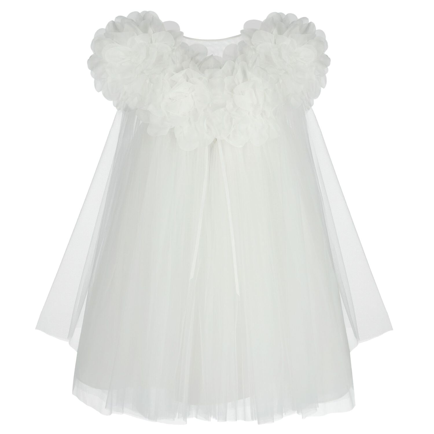 Girls White Organza Floral & Tulle Cape Dress, 1, hi-res