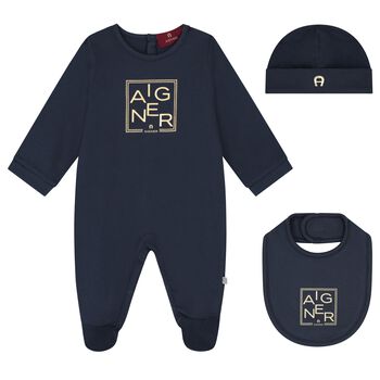 Boys Navy Blue & Gold Babygrow, Hat & Bib Gift Set