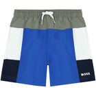 Boys Blue, White & Yellow Logo Swim Shorts, 1, hi-res