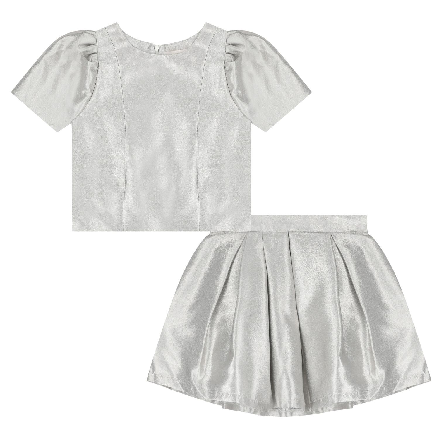 Girls Metallic Silver Bow Skirt Set, 1, hi-res