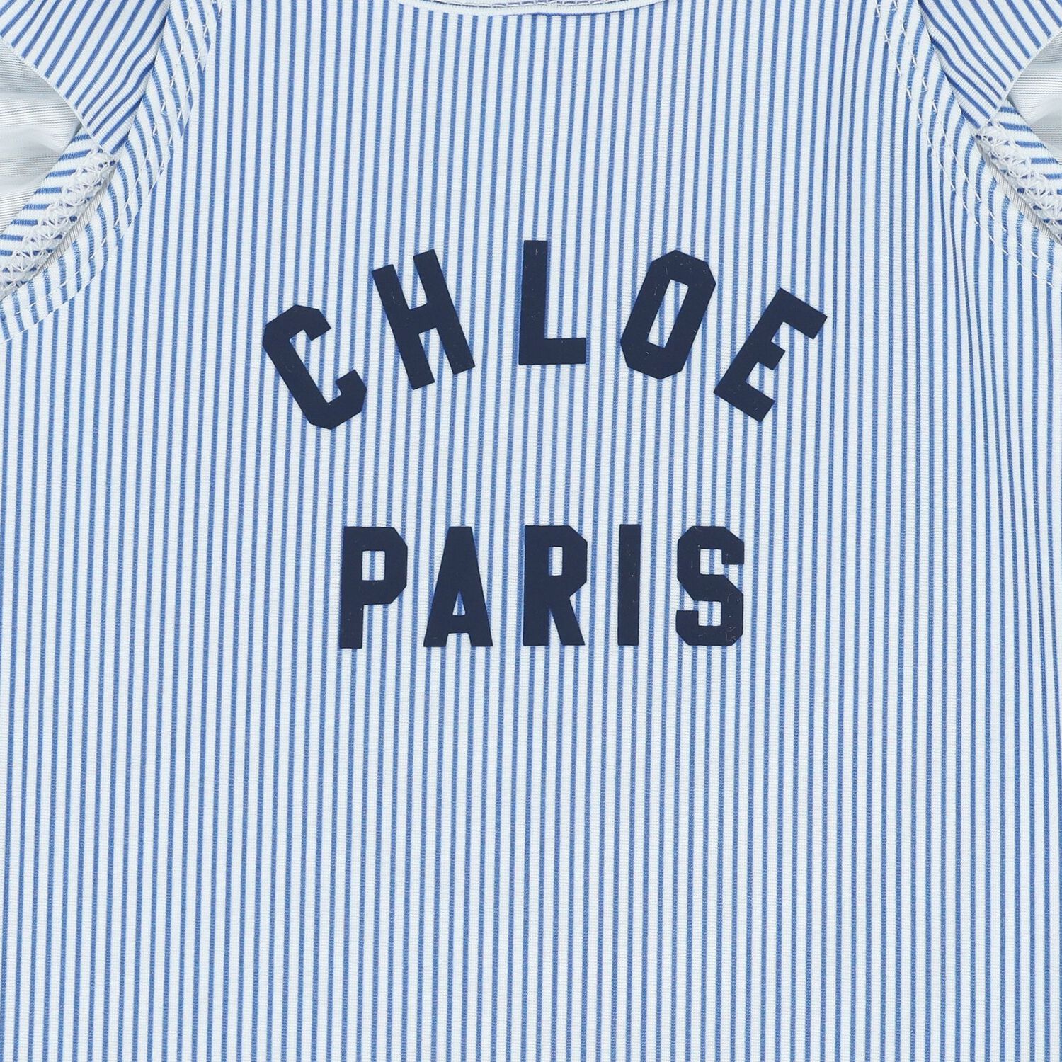Girls White & Blue Striped Logo Swimsuit, 1, hi-res