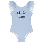 Girls White & Blue Striped Logo Swimsuit, 1, hi-res