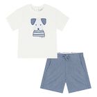 Younger Boys White & Blue Puppy Shorts Set, 1, hi-res