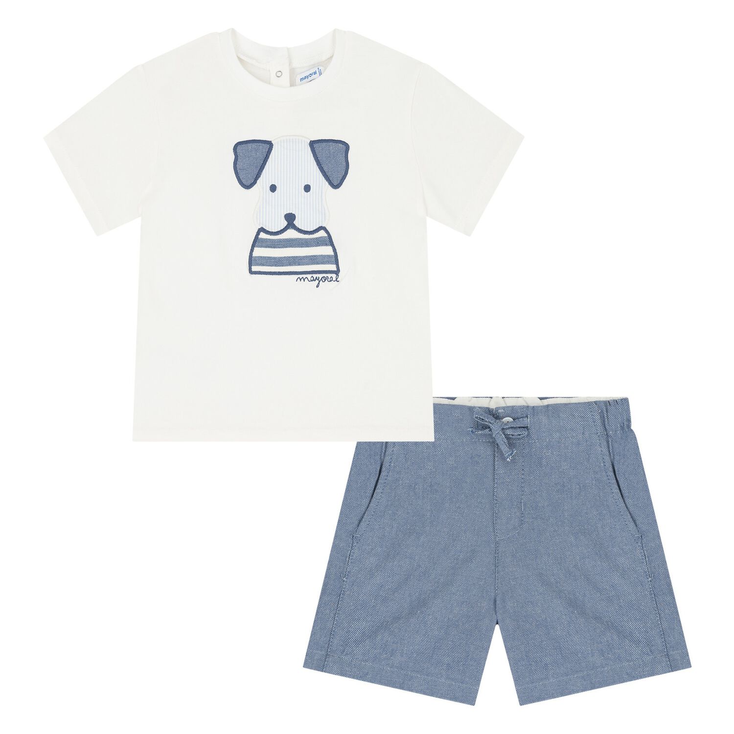 Younger Boys White & Blue Puppy Shorts Set, 1, hi-res