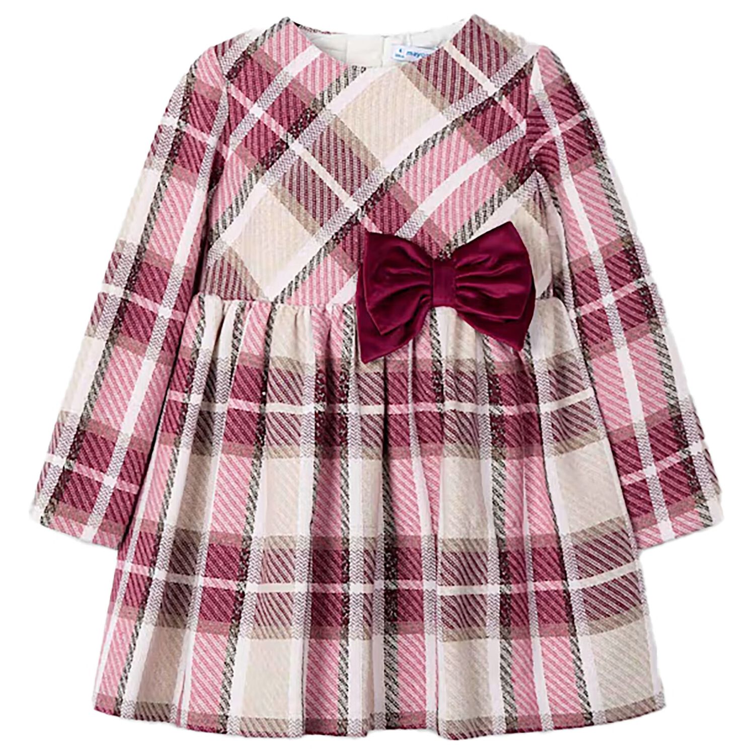 Girls Red & Beige Bow Tartan Dress, 1, hi-res
