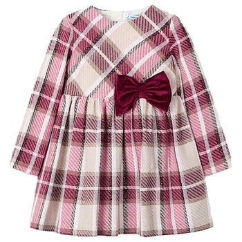 Girls Red & Beige Bow Tartan Dress