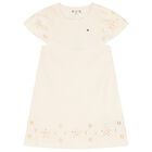 Girls Beige Logo Broderie Anglaise Dress, 1, hi-res