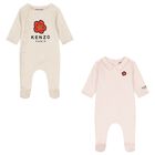 Baby Girls Beige & Pink Boke Flower Babygrows ( 2 Pack ) , 1, hi-res