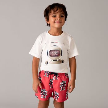 شورت سباحة للأولاد باللون الأحمر بتصميم روبوت