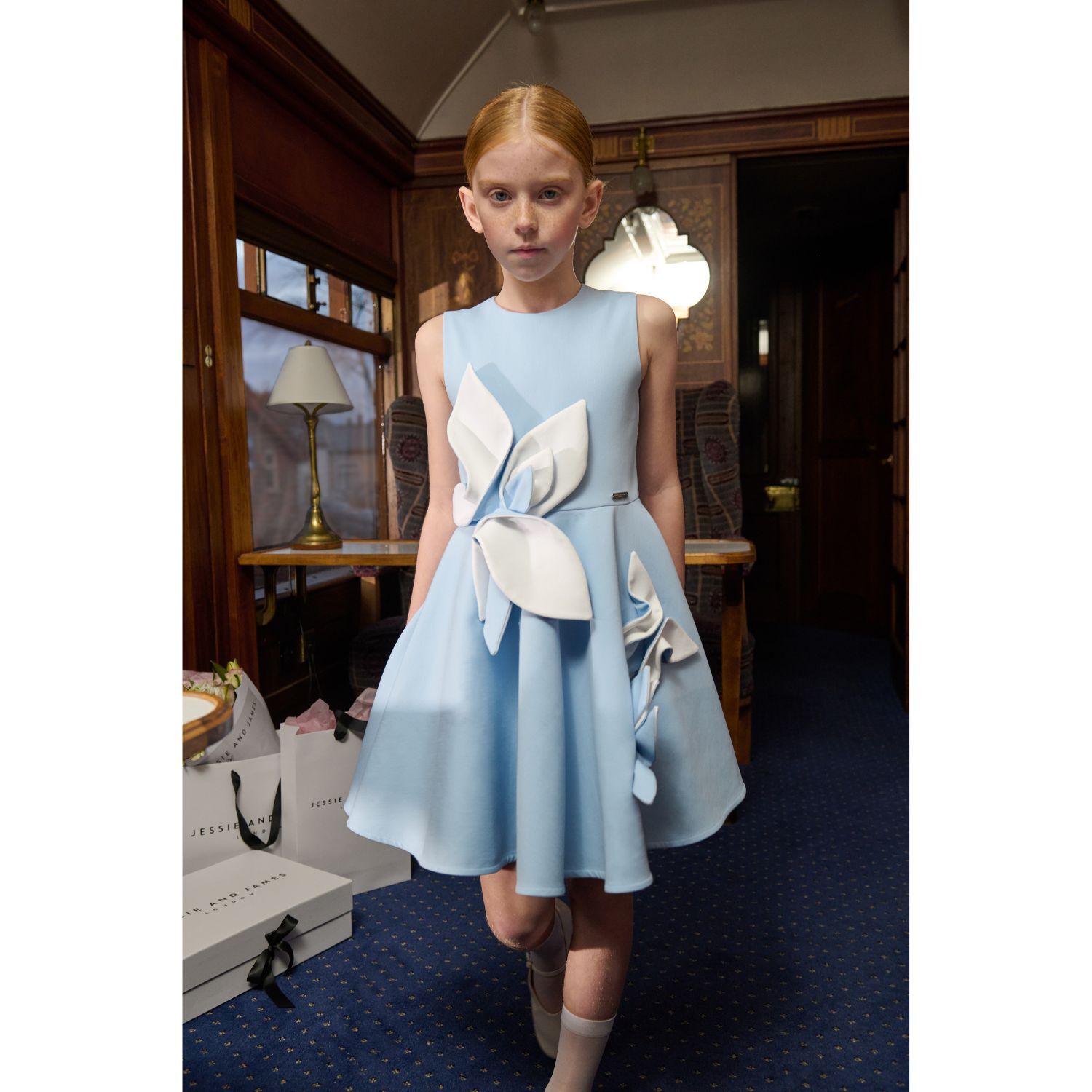 Girls Blue Satin Floral Dress, 3, hi-res