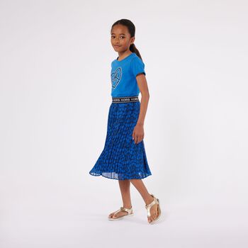 Girls Blue Logo Pleated Floral Skirt