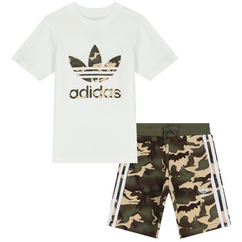 White & Khaki Green Trefoil Shorts Set