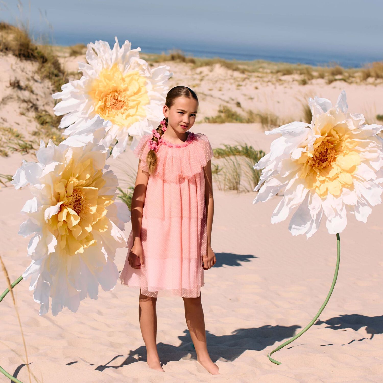 فستان بنات بولكا منقط باللون الوردي, 1, hi-res