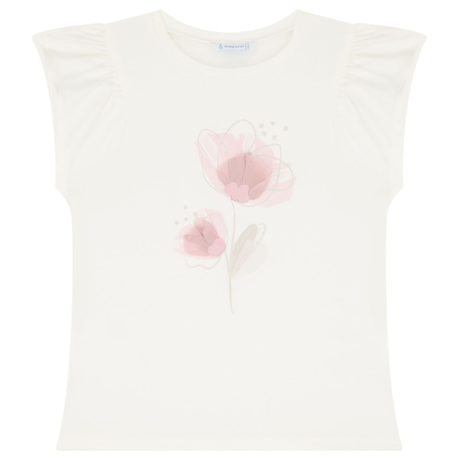 Girls Ivory Cotton & Pink Floral Print T-Shirt, 2, hi-res