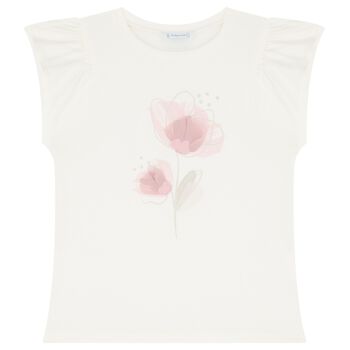 Girls Ivory Cotton & Pink Floral Print T-Shirt