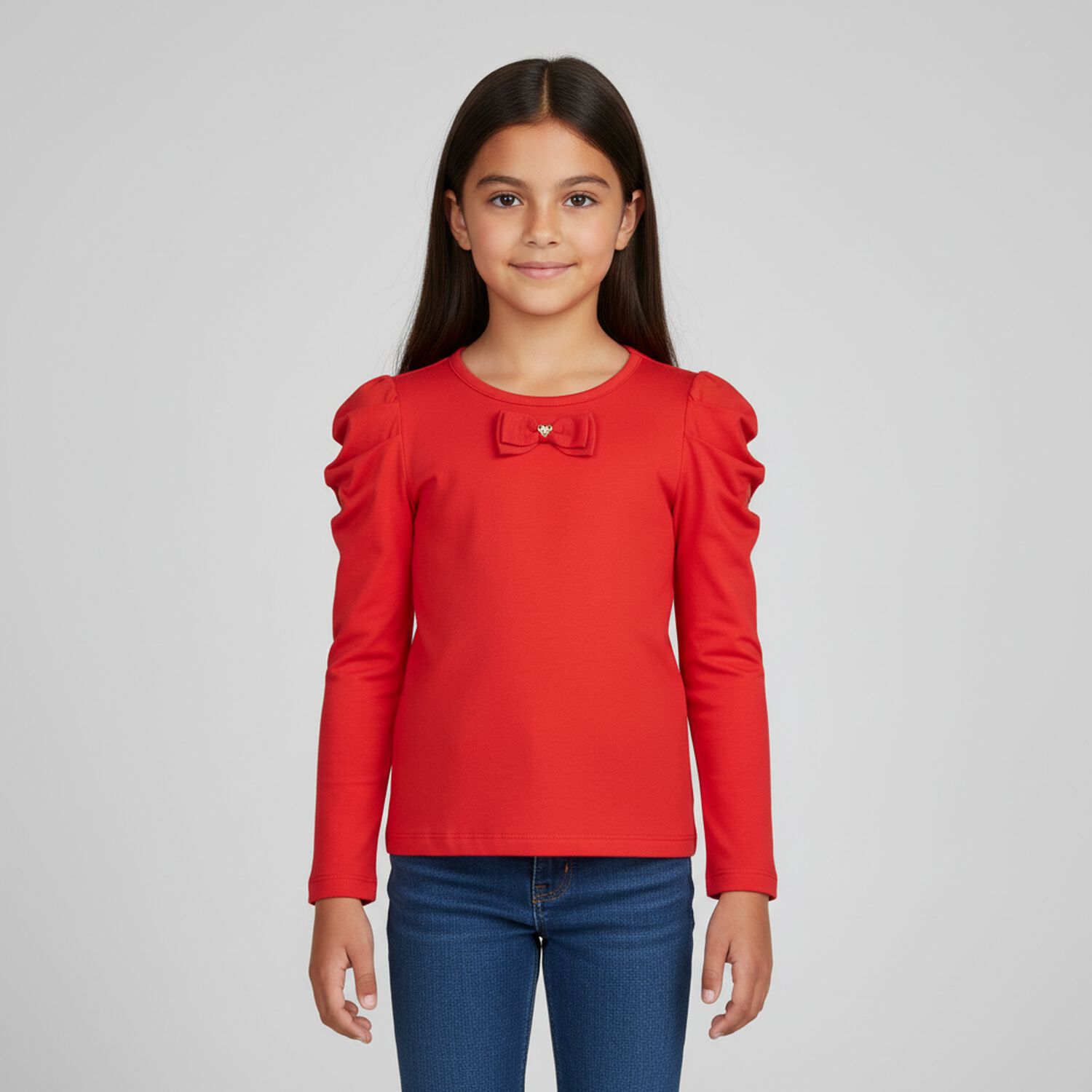 Girls Red Bow Long Sleeve Top, 2, hi-res