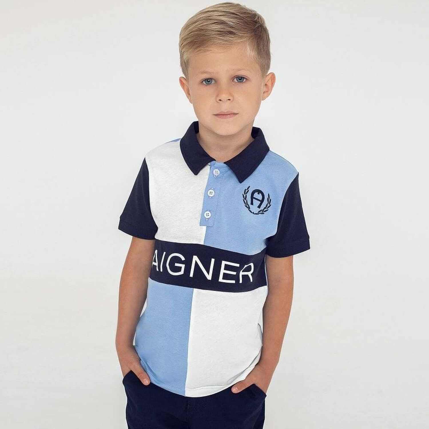 Boys Blue & White Logo Polo Shirt, 1, hi-res