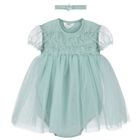 طقم فستان بودي سوت باللون الأخضر للبنات  , 1, hi-res