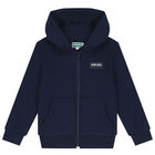 Boys Navy Blue Logo Hooded Zip Up Top, 1, hi-res