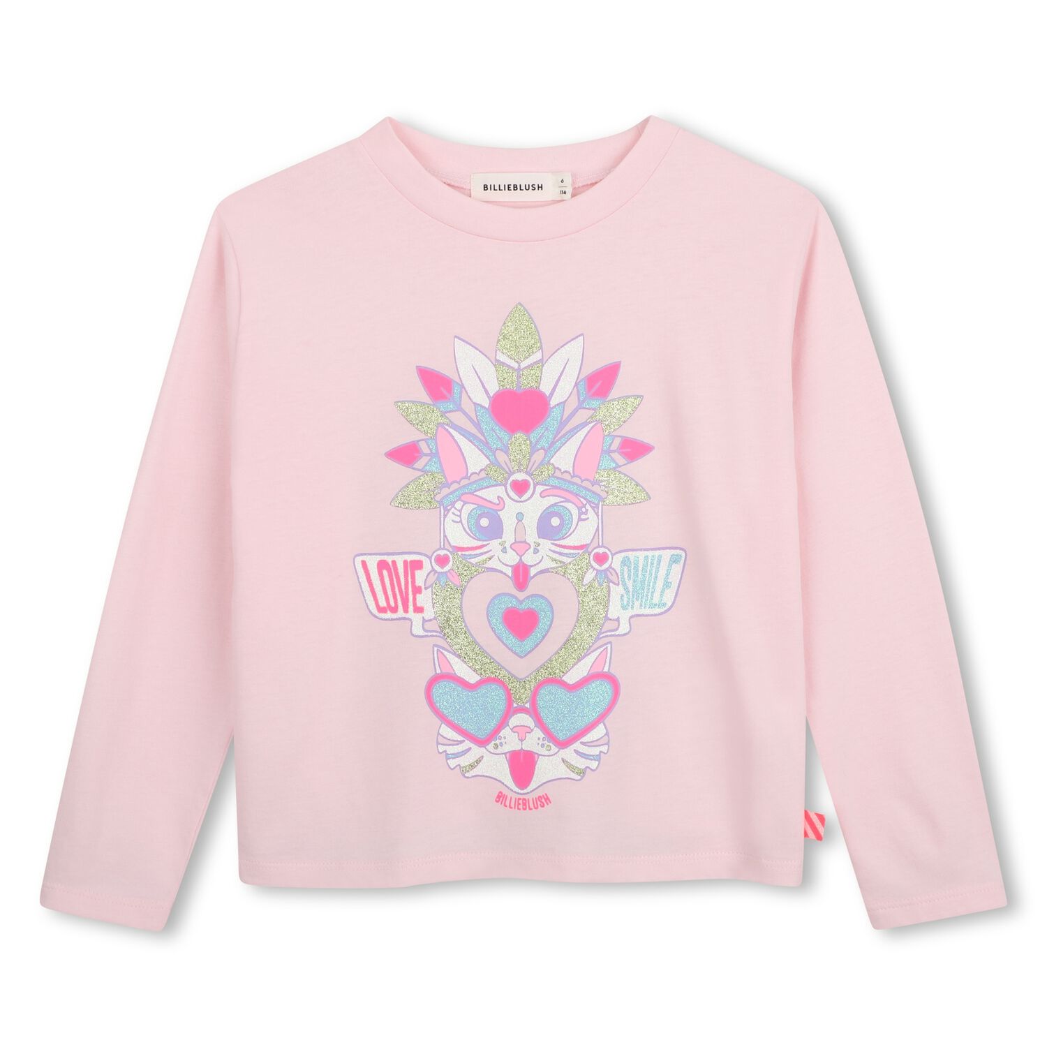 Girls Pink Glitter Cat Long Sleeve Top, 1, hi-res