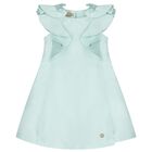 Girls Aqua Satin Ruffle Dress, 3, hi-res