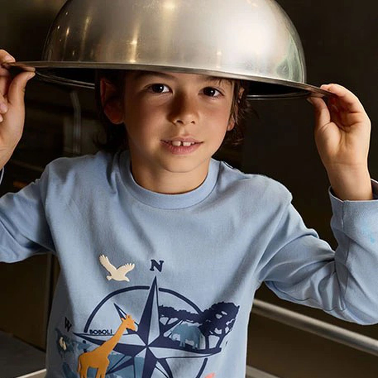 توب بأكمام بطبعة بوصلة باللون الأزرق للأولاد, 1, hi-res