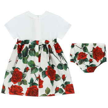 Younger Girls White & Red Rose Dress Set
