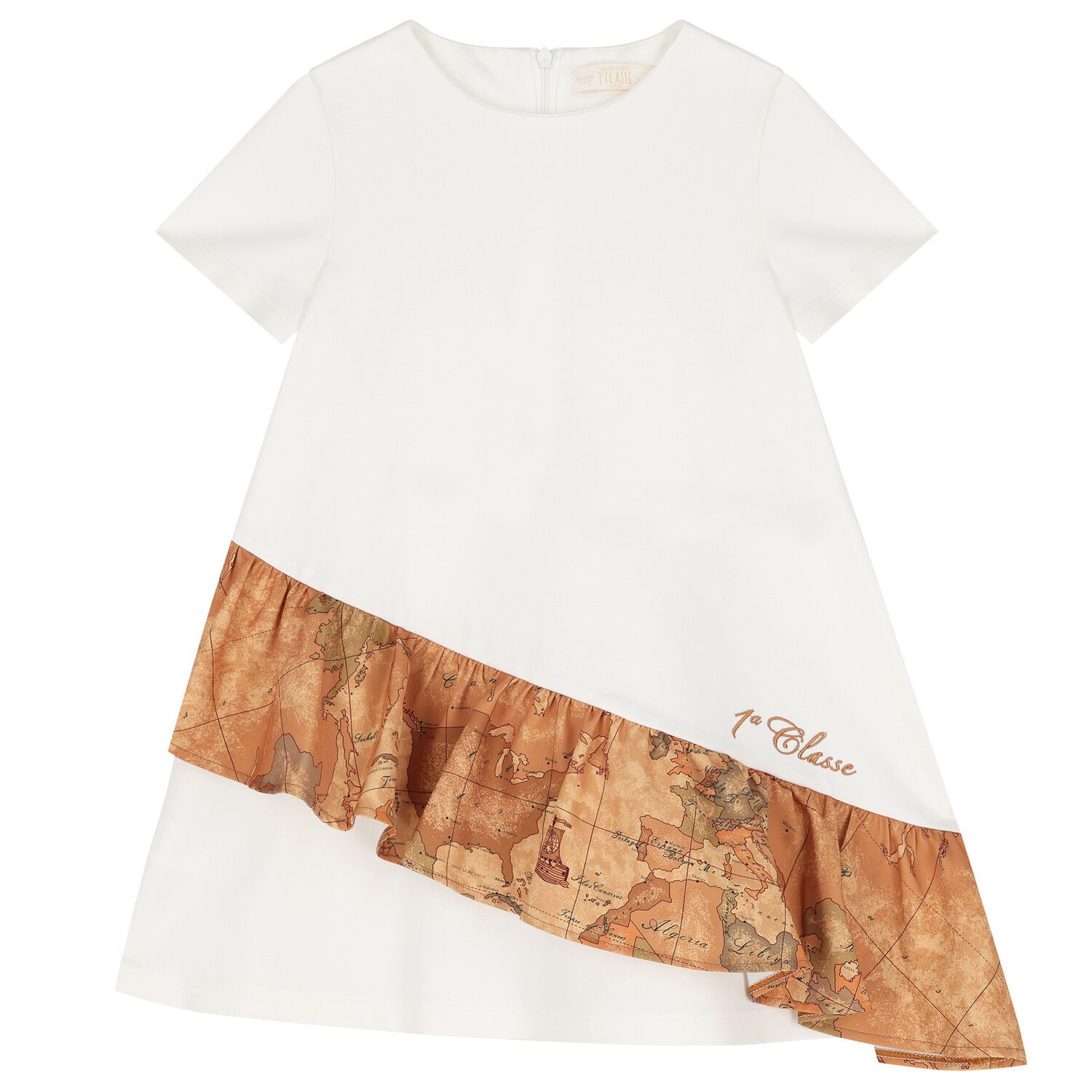 Girls White & Beige Geo Map Dress, 1, hi-res
