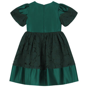 Girls Green Satin & Lace Dress