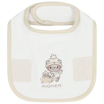 White & Beige Teddy Bear Logo Baby Bib