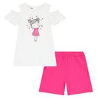 Girls White & Pink Shorts Set, 1, hi-res