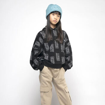 Girls Black Logo Hooded Top