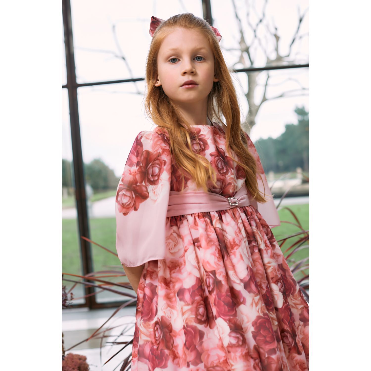 Girls Pink Floral Chiffon Dress, 1, hi-res