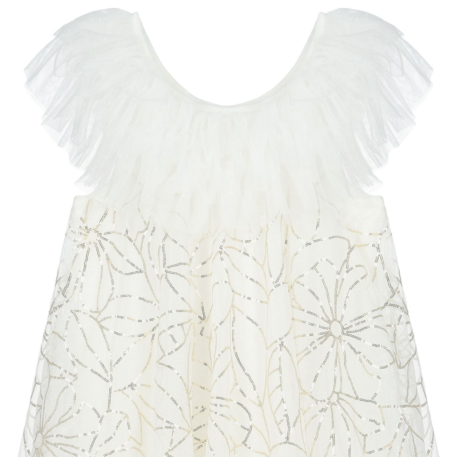 فستان بنات تول مزين بالترتر باللون العاجي, 1, hi-res image number null