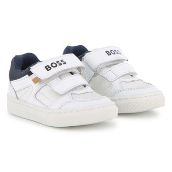 Boys White & Navy Blue Logo Trainers