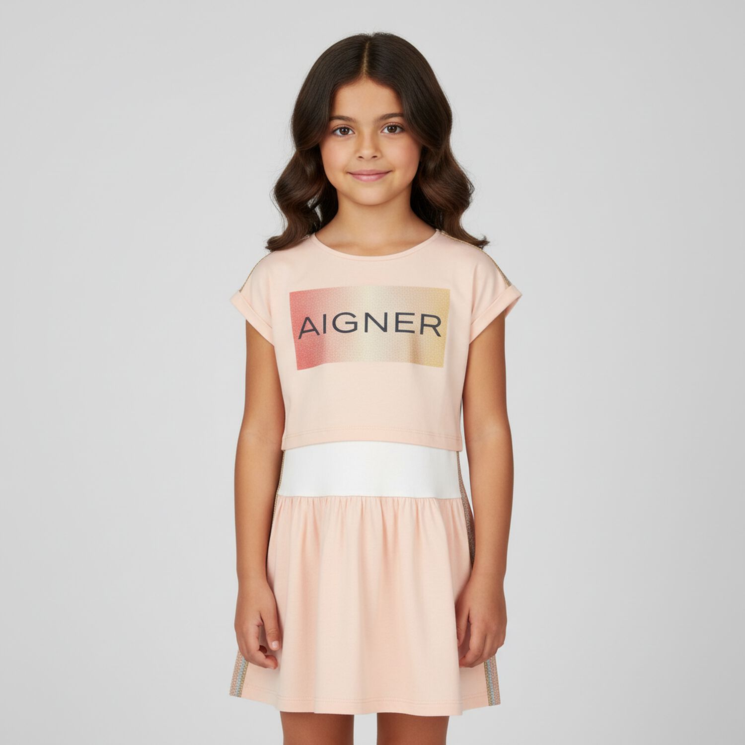 فستان قطعتين باللون الزهرى والابيض للبنات, 1, hi-res