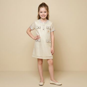 Girls Ivory & Gold Logo Dress