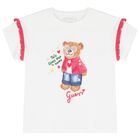 تي شيرت بطبعة دب تيدي باللون أبيض للبنات, 1, hi-res