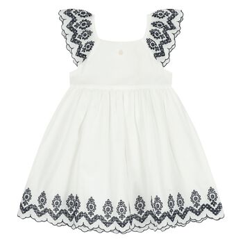 Girls White & Navy Blue Embroidered Dress