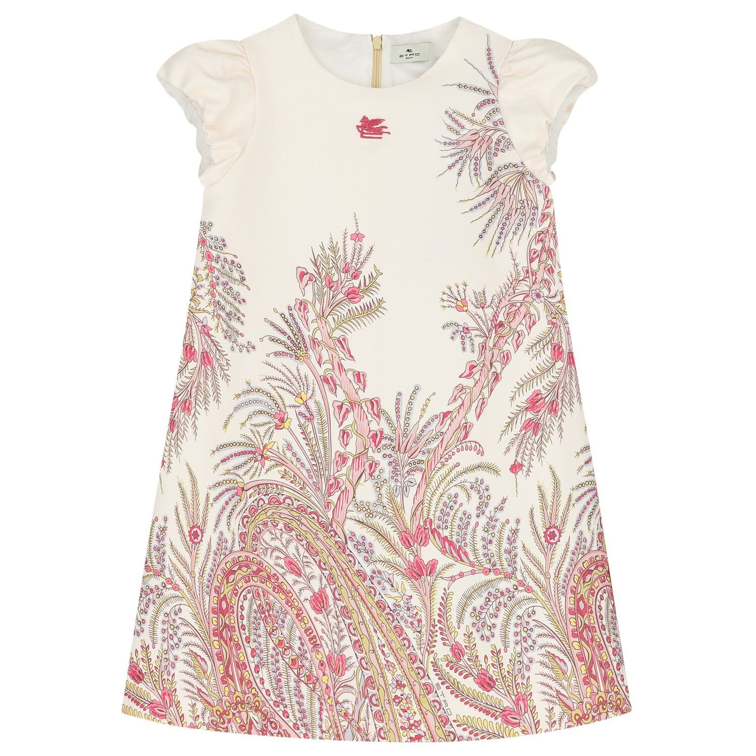 Girls Ivory & Pink Puffed Sleeve Dress, 2, hi-res