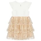 فستان بنات تول مزين بالترتر باللون البيج والعاجي, 1, hi-res