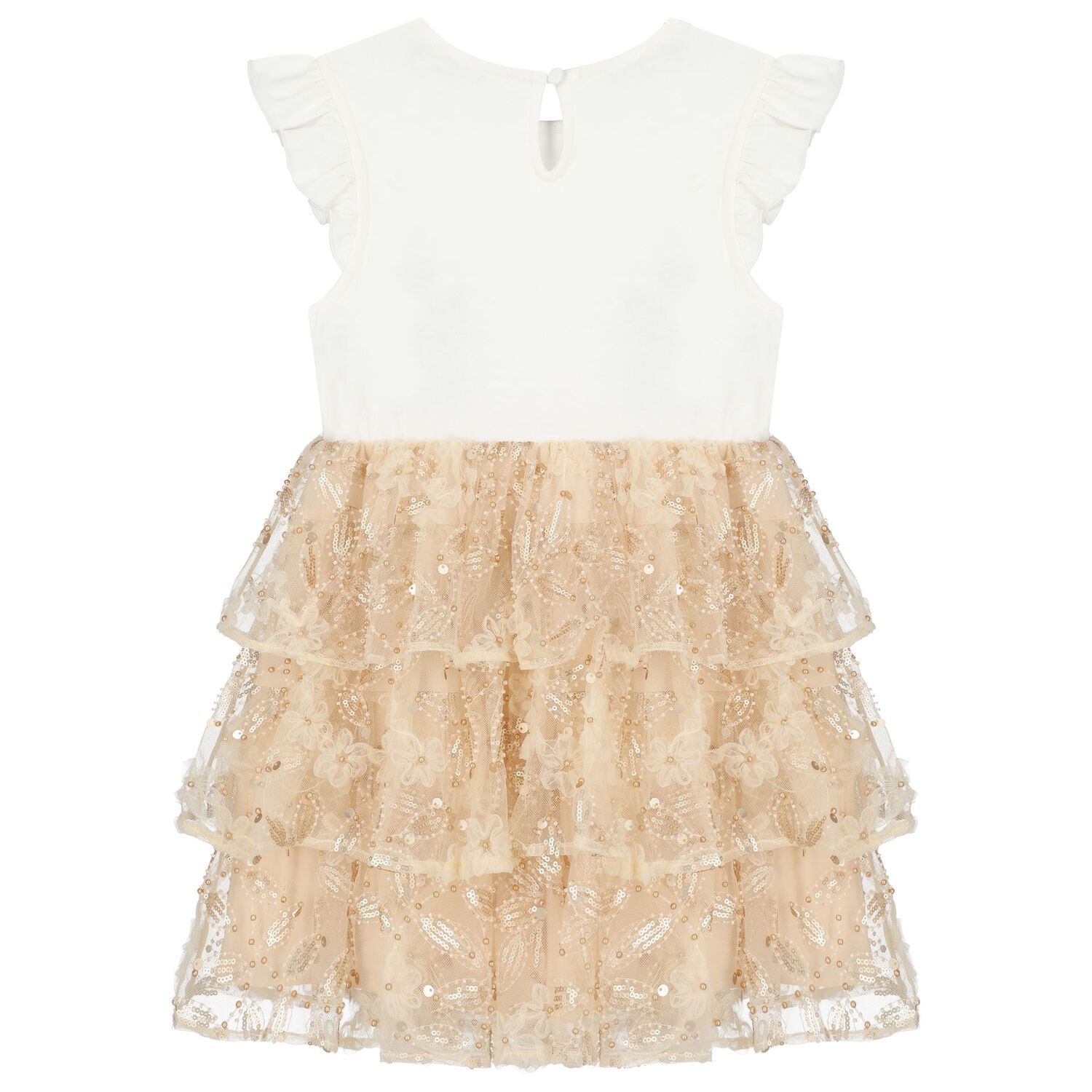 فستان بنات تول مزين بالترتر باللون البيج والعاجي, 1, hi-res image number null