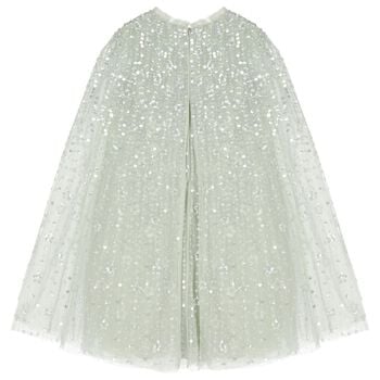 Girls Green Sequin & Star Tulle Cape Dress