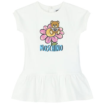 Younger Girls White Teddy Bear Logo Dress