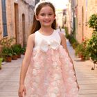 فستان بنات تول مزين بالورود باللون العاجي والوردي, 1, hi-res